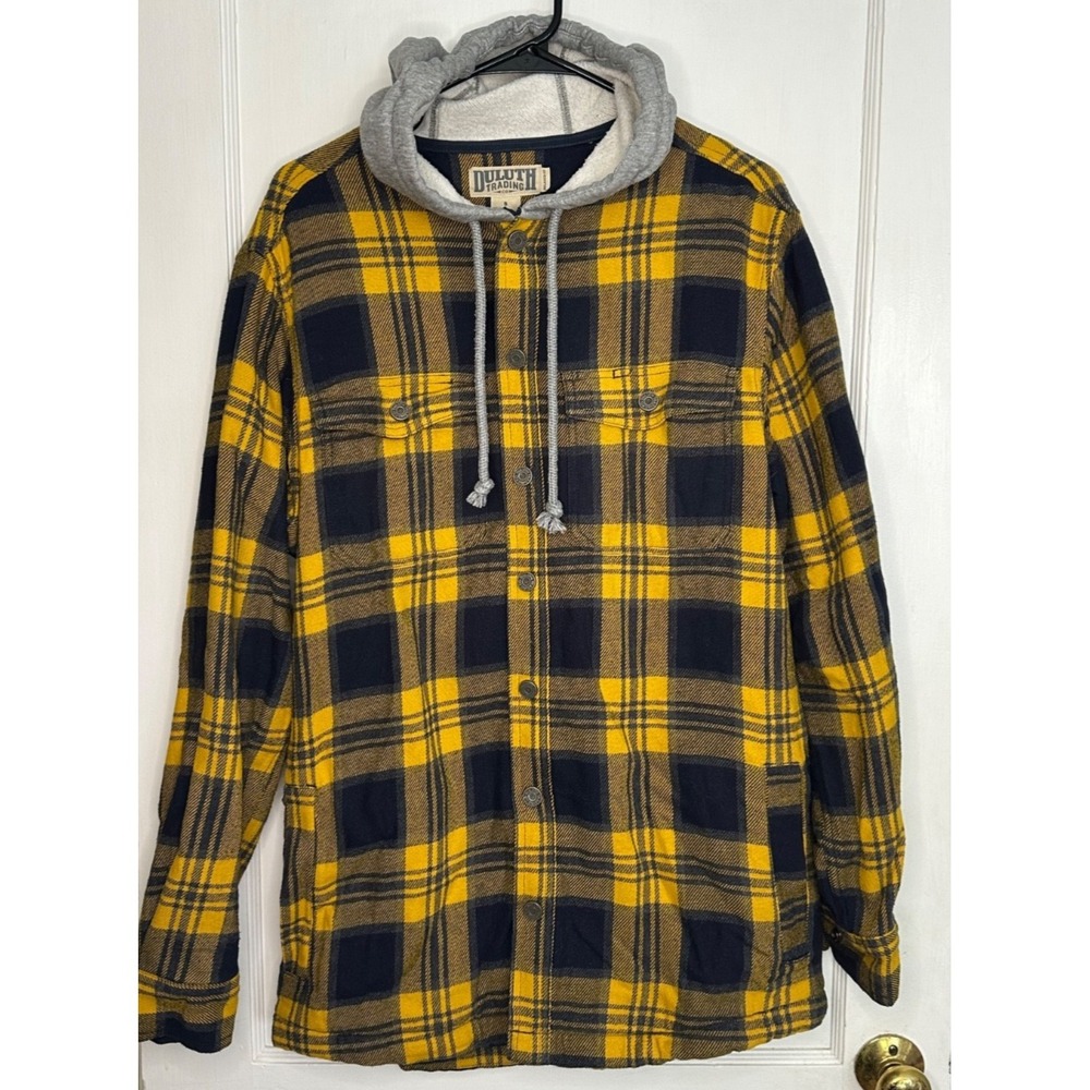 Duluth Trading Co. Men's Size S Yellow Plaid Flannel Hooded Fleece Lined Shacket